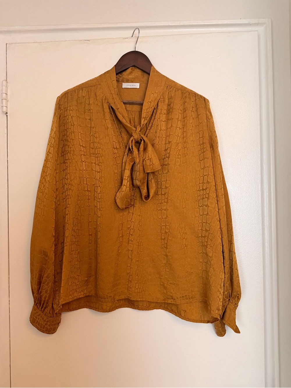 ANINE BING Delilah 100% Silk Jacquard Tie Neck Blouse Marigold M